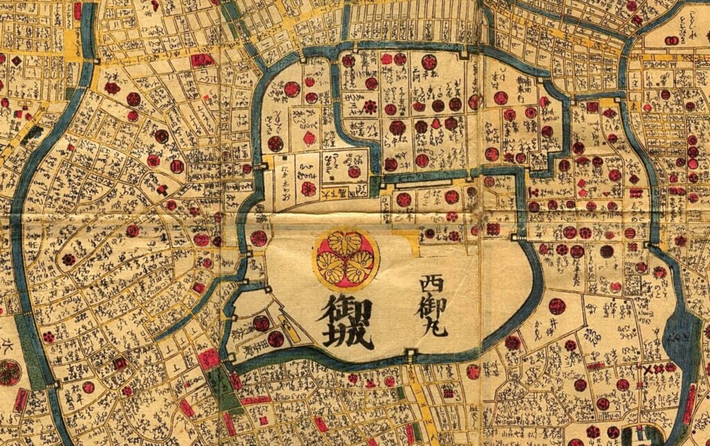 Cropped 1847 map of Edo showing streets and districts around Edo Castle.